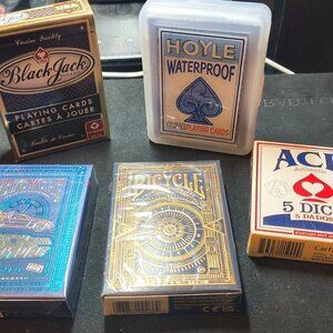 1 Hoyle Waterproof Playing Card Deck, 2 Bicycle, 1 Black Jack & 1 Dice lot. NEW